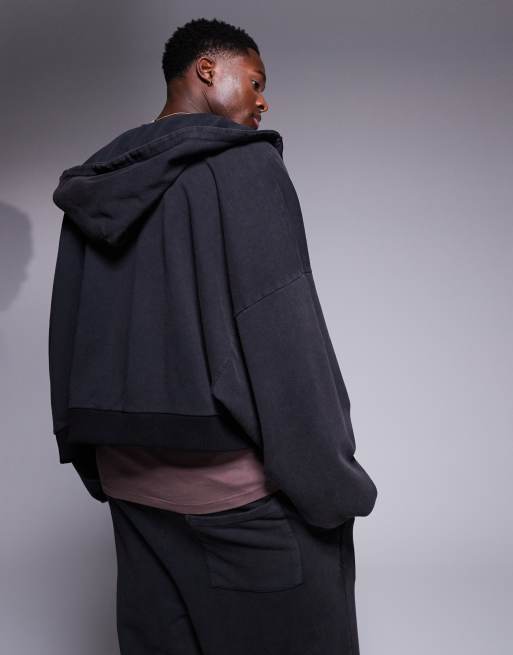 ASOS DESIGN Felpa super oversize corta nero slavato con cappuccio e zip ASOS