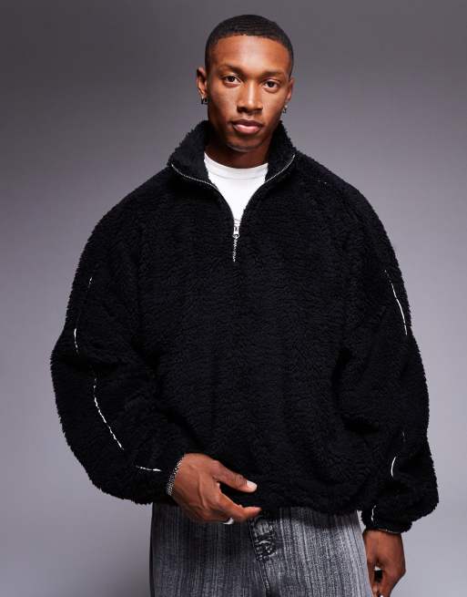 ASOS DESIGN - Felpa super oversize nera in pile borg con profili e zip corta