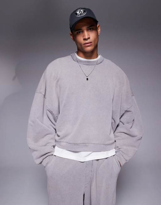 ASOS DESIGN - Felpa taglio corto grigio slavato super oversize in coordinato
