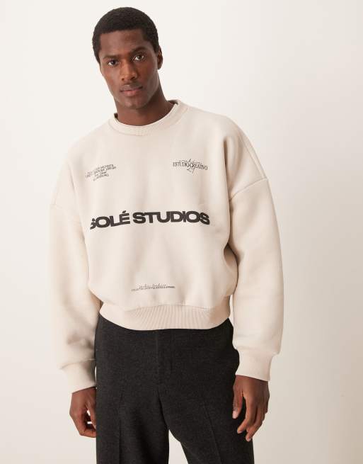 ASOS DESIGN - Felpa taglio corto oversize beige con spalle scivolate e stampa sul petto