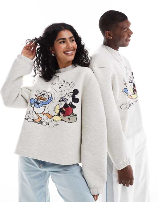 ASOS DESIGN - Felpa unisex squadrata oversize in tessuto scuba grigio mélange con stampa di Topolino e Paperino 