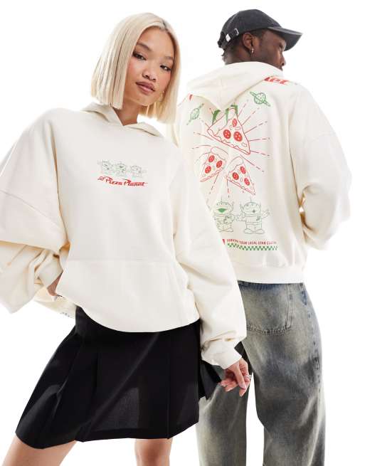 ASOS DESIGN - Felpa unisex super oversize bianco sporco con cappuccio e stampa Disney Pixar con gli alieni di Toy Story