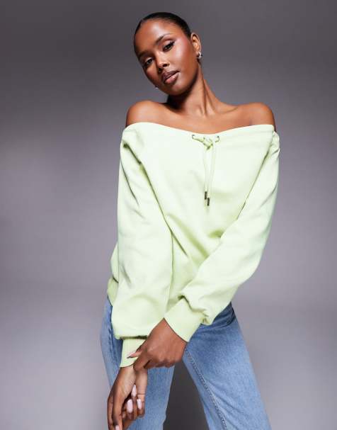 ASOS DESIGN - Felpa verde pastello con laccio e scollo alla Bardot interlock - view 1