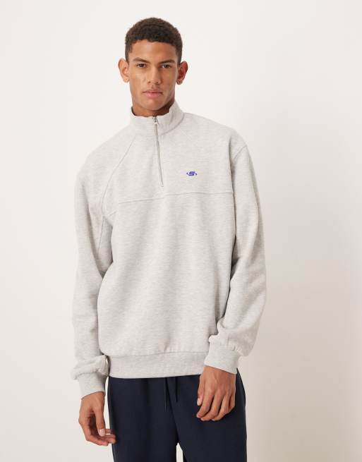 ASOS DESIGN - Felpa vestibilità comoda grigio mélange con stampa e zip corta, 3 di 5
