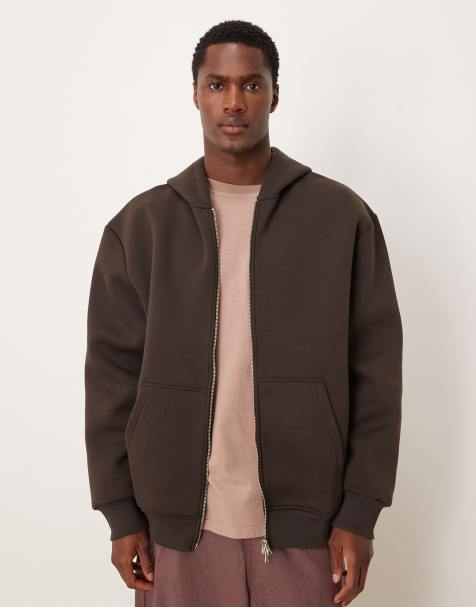 ASOS DESIGN - Felpa vestibilità comoda in tessuto pesante effetto scuba marrone con zip e cappuccio - view 1