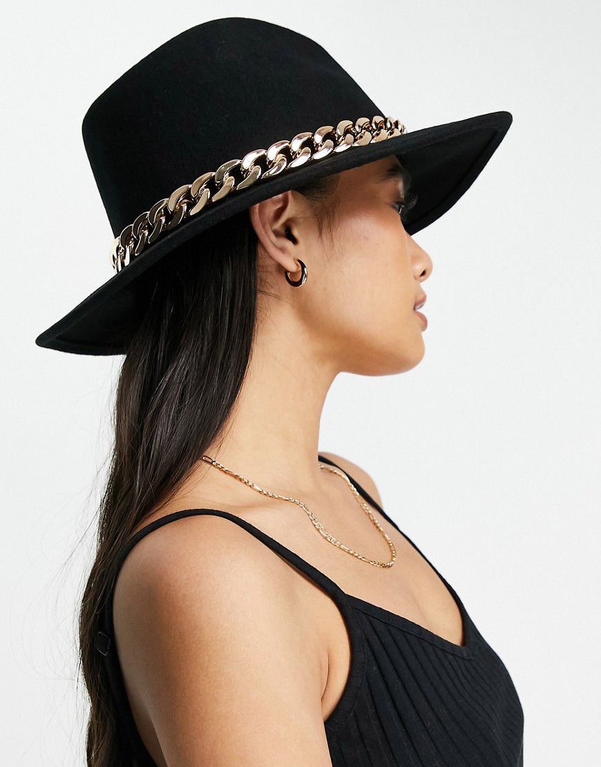 ASOS DESIGN felt fedora hat with chain band and size adjuster in black
