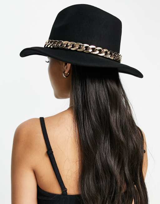 BLACK GOLD CHAIN DETAIL FELT FEDORA HAT