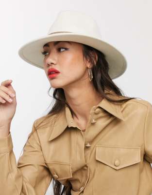 ASOS DESIGN felt fedora hat with tan band and size adjuster in cream-White