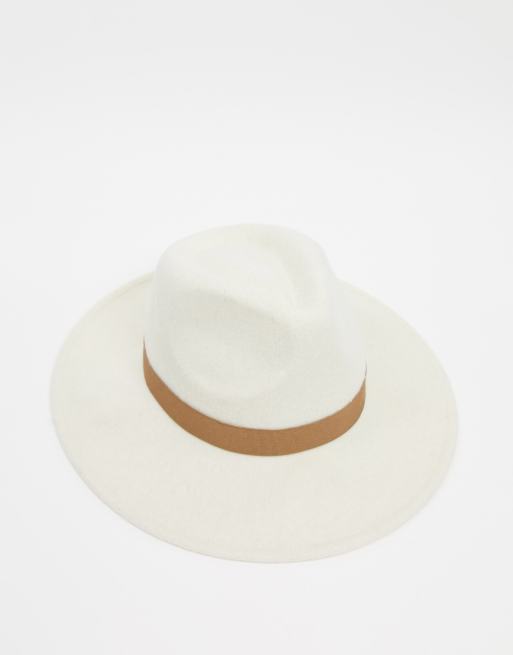 ASOS DESIGN felt fedora hat with tan band and size adjuster in cream, 3 of 4
