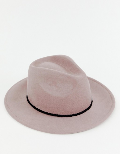 Αποτέλεσμα εικόνας για ASOS DESIGN felt fedora hat with plait braid trim and size adjuster