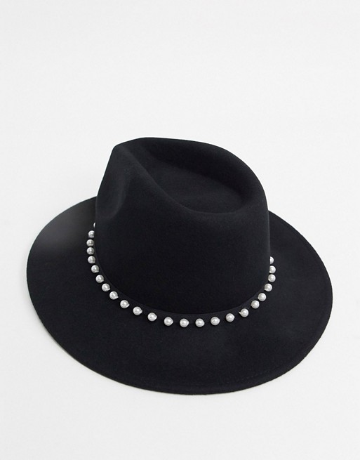 ASOS DESIGN felt panama hat with faux pearl trim and size adjuster in black
