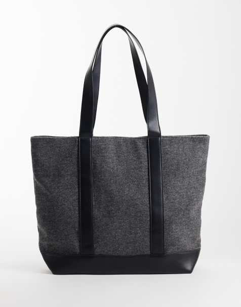 ASOS DESIGN felt tote bag with faux leather straps in grey - view 1