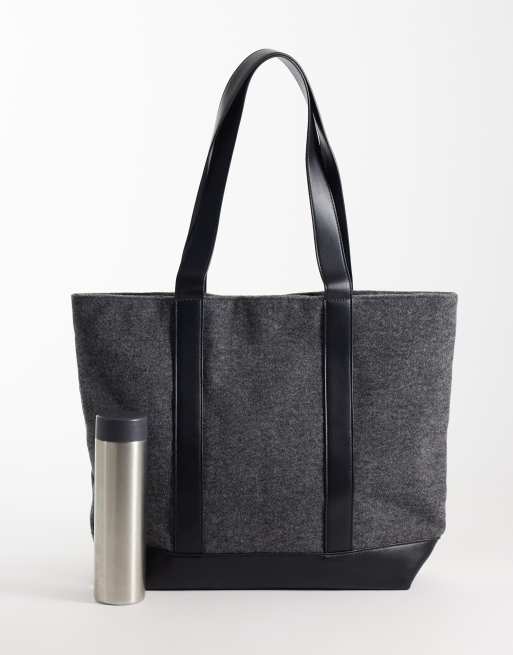 ASOS DESIGN felt tote bag with faux leather straps in grey, 2 of 4