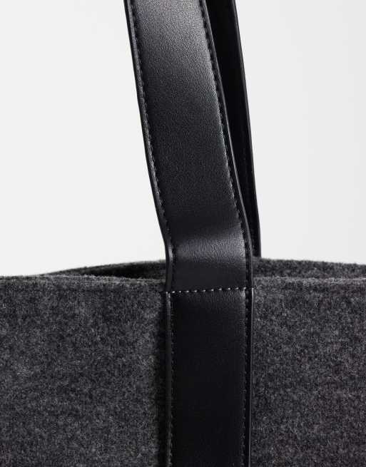 ASOS DESIGN felt tote bag with faux leather straps in grey, 3 of 4