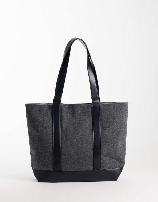 ASOS DESIGN felt tote bag with faux leather straps in grey, 4 of 4