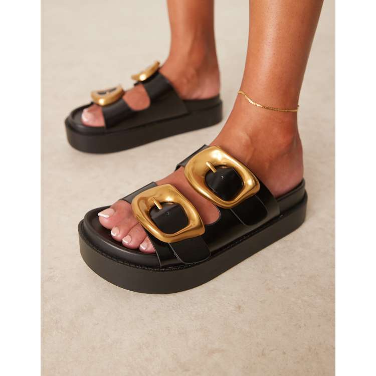 ★PAES★Double Buckle Mule Sandal Black DAPHNE Double Strap Mules | Mule black with square front