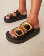 ASOS DESIGN Femi oversized buckle footbed mules in natural