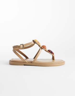 Asos Design Fenella Flat Sandal With Oversized Stone Detail In Brown