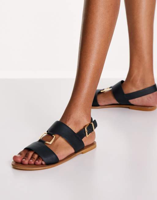 ASOS DESIGN – Fenix – Czarne skórzane sandały na płaskiej podeszwie z ozdobnym pierścieniem