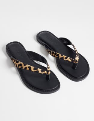 Asos Design Fenna Premium Leather Flip Flops In Animal Print