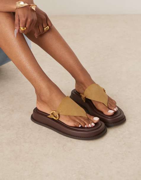ASOS DESIGN Fergie toe thong flatform mules with hardware in khaki - view 1