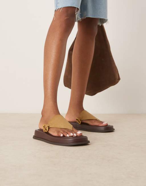 ASOS DESIGN Fergie toe thong flatform mules with hardware in khaki, 3 of 4