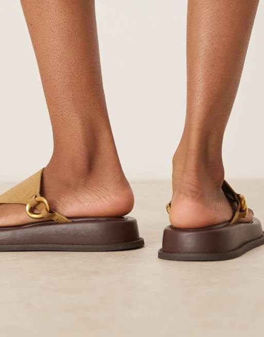 ASOS DESIGN Fergie toe thong flatform mules with hardware in khaki