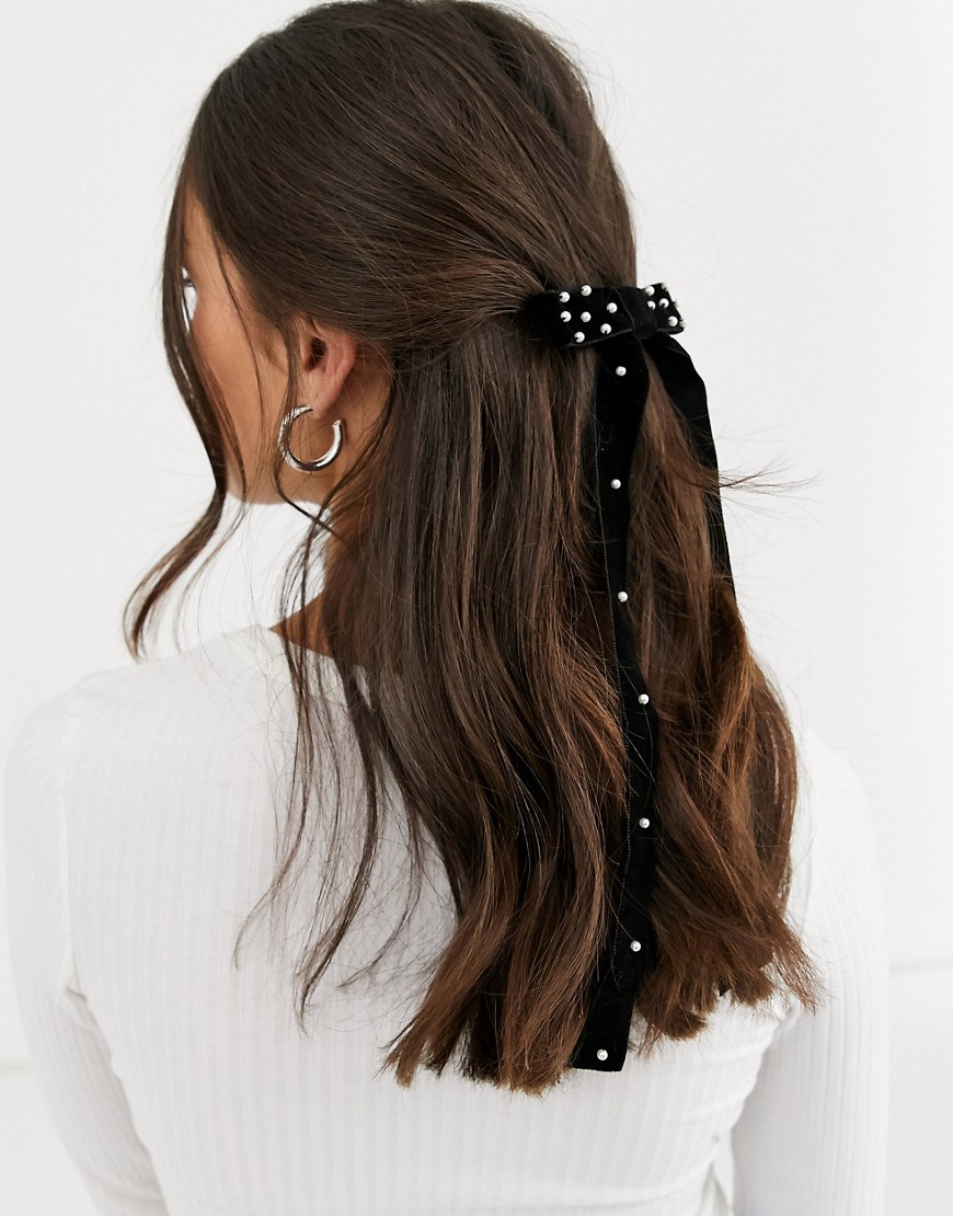 ASOS DESIGN - Fermaglio per capelli in velluto nero con fiocco e perle