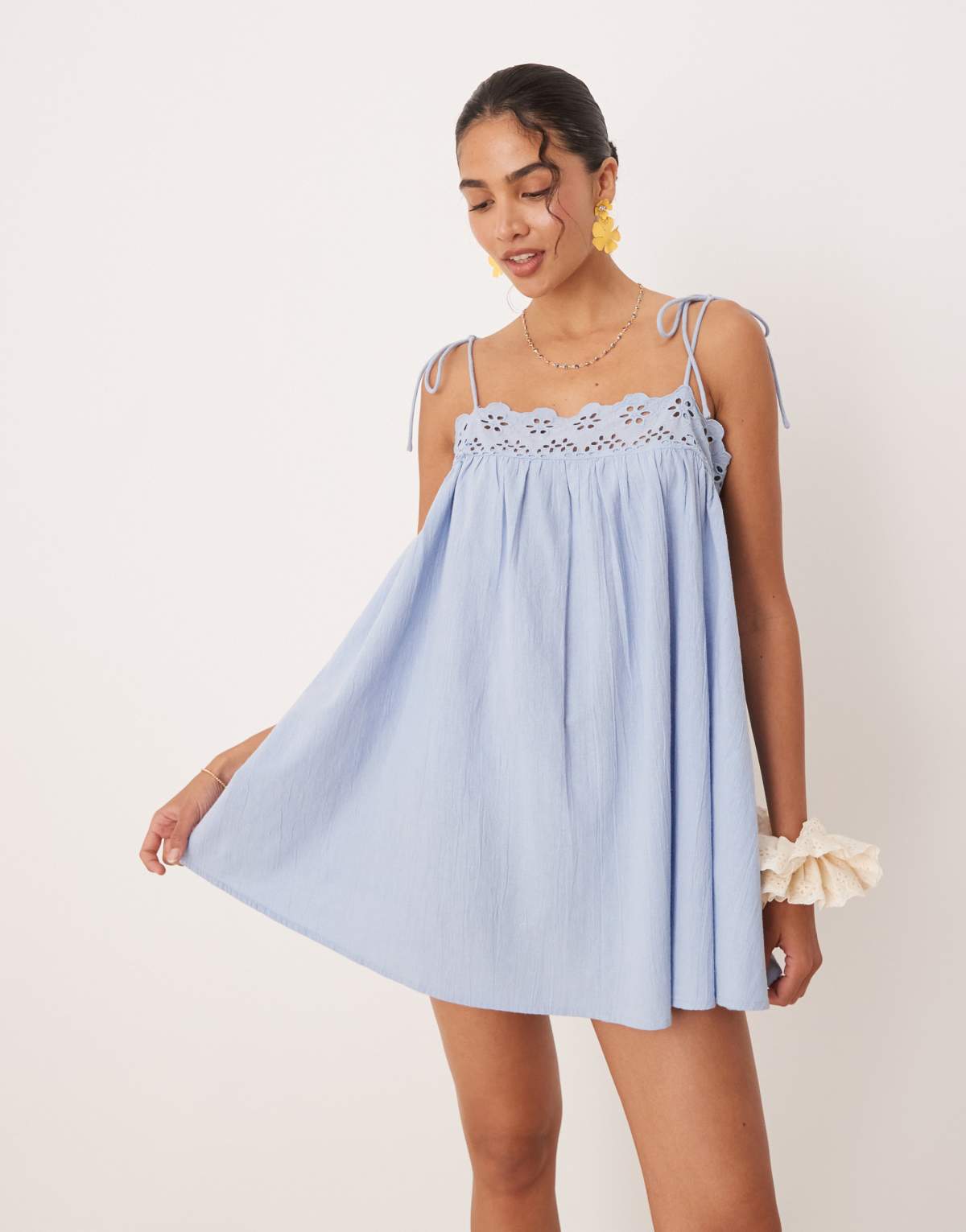 ASOS DESIGN Fern beach mini dress with broderie trim in ice blue