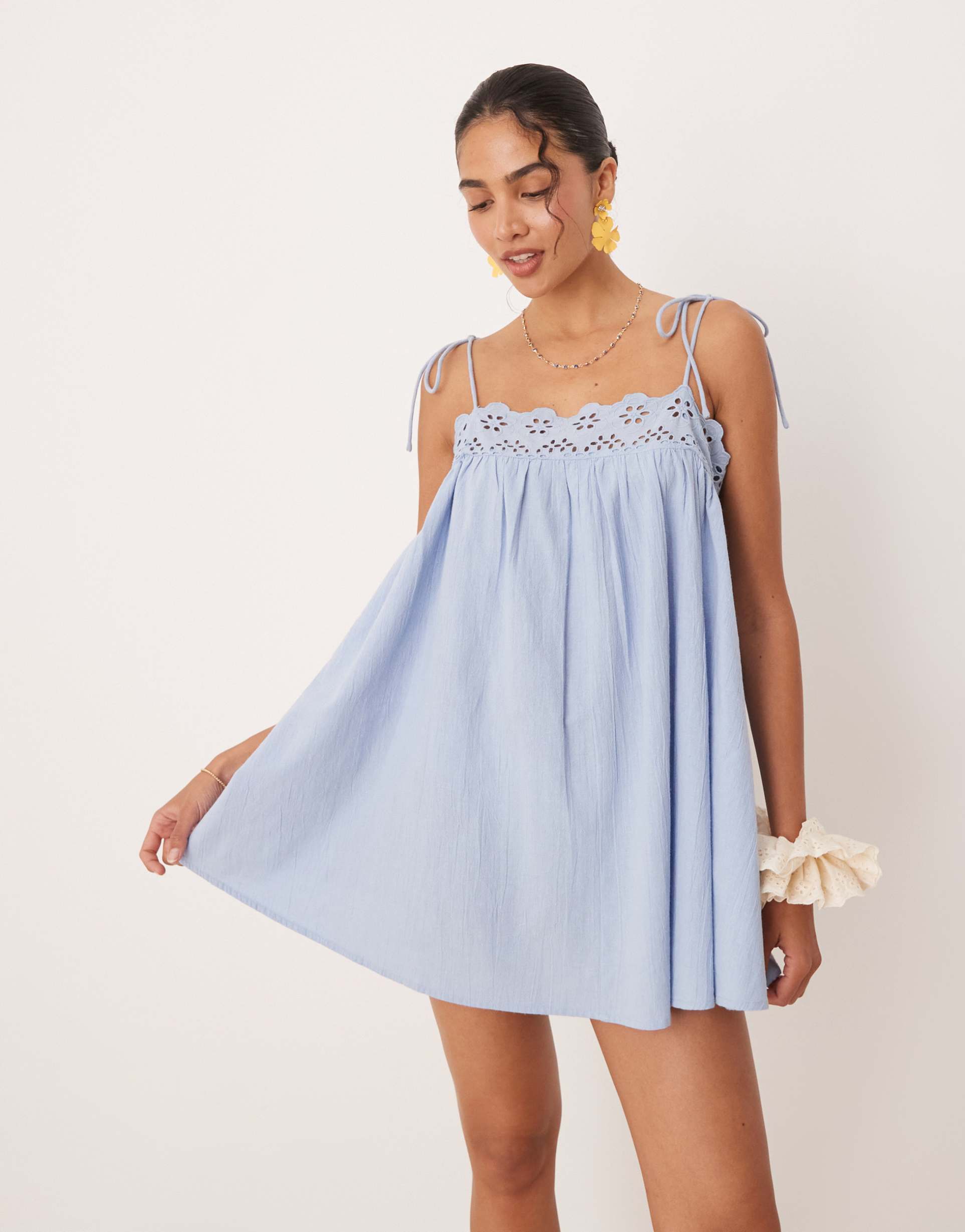 asos design fern beach mini dress with broderie trim in ice blue