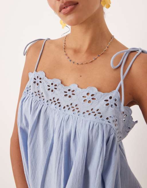 ASOS DESIGN Fern beach mini dress with broderie trim in ice blue
