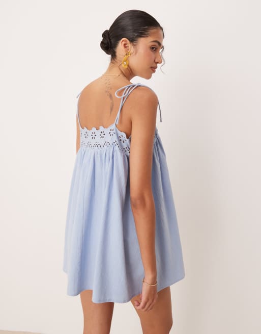 ASOS DESIGN Fern beach mini dress with broderie trim in ice blue