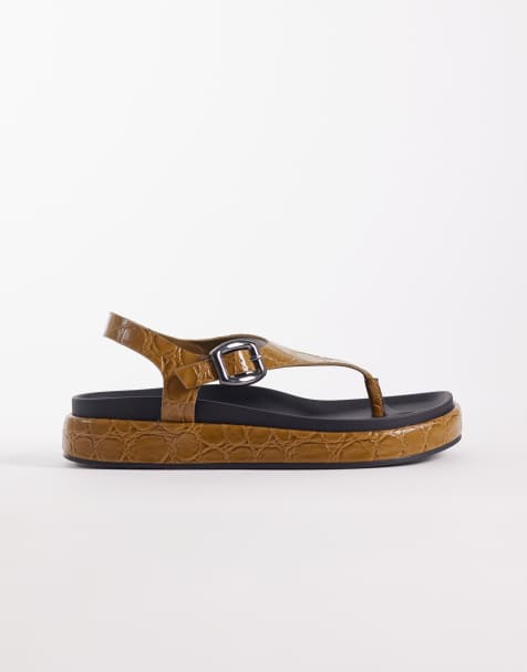 ASOS DESIGN Fern flip flop sandals in olive croc - view 1