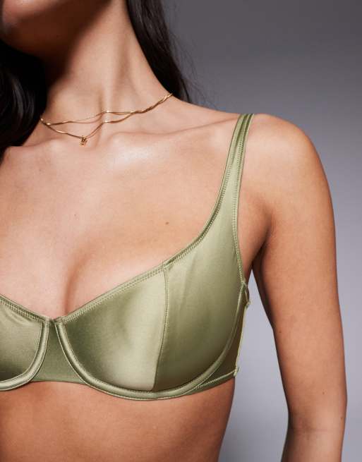 ASOS DESIGN - Fern - Olivengrøn BH med bøjle i ren satin, 3 af 4