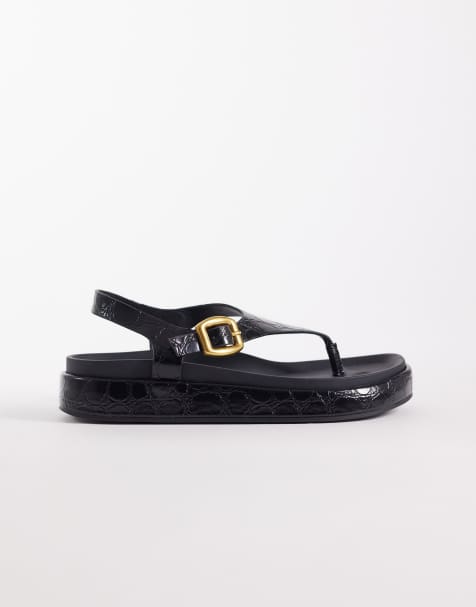 ASOS DESIGN Fern toe thong sandals in black croc - view 1