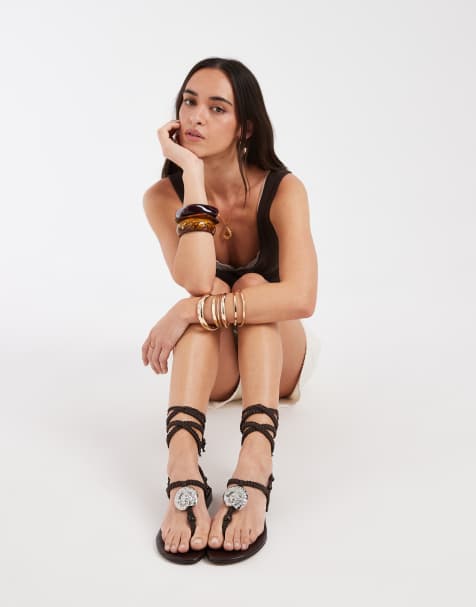 ASOS DESIGN Fernanda rope beaded hardware flat sandals in chocolate - view 1