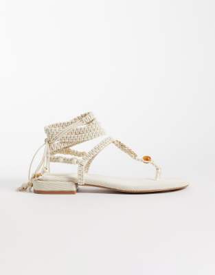 ASOS DESIGN Fernanda rope beaded hardware flat sandals in natural