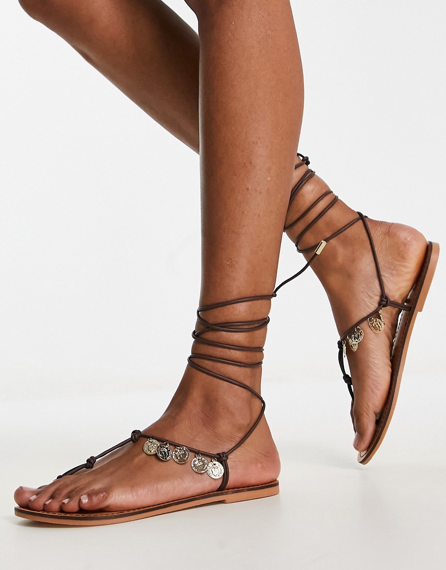 ASOS DESIGN Fernando leather coin sandals in brown