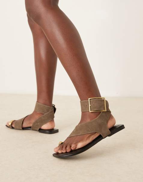 ASOS DESIGN Fernando suede sandals with metal toe loop in khaki - view 1