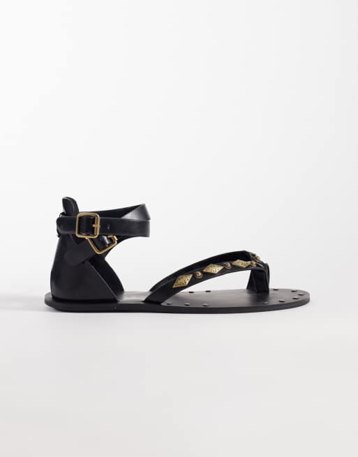 ASOS DESIGN Ferris studded gladiator flat sandals in black, 3 of 4