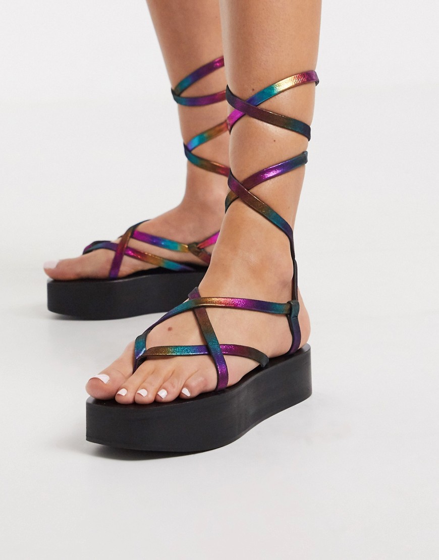 ASOS DESIGN Ferry leather strappy flatform sandals in rainbow-Multi