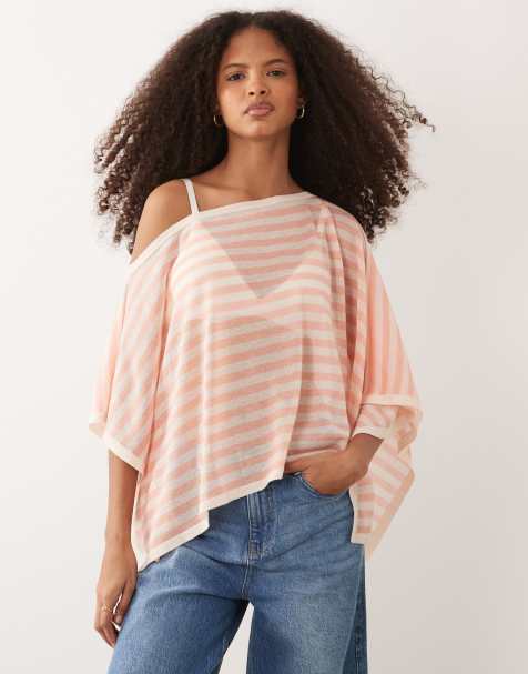 ASOS DESIGN - Ferskenfarvet stribet og gennemsigtig poncho i fin strik - view 1