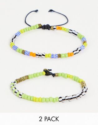 ASOS DESIGN festival 2 pack beaded bracelet set in green multi color | ASOS