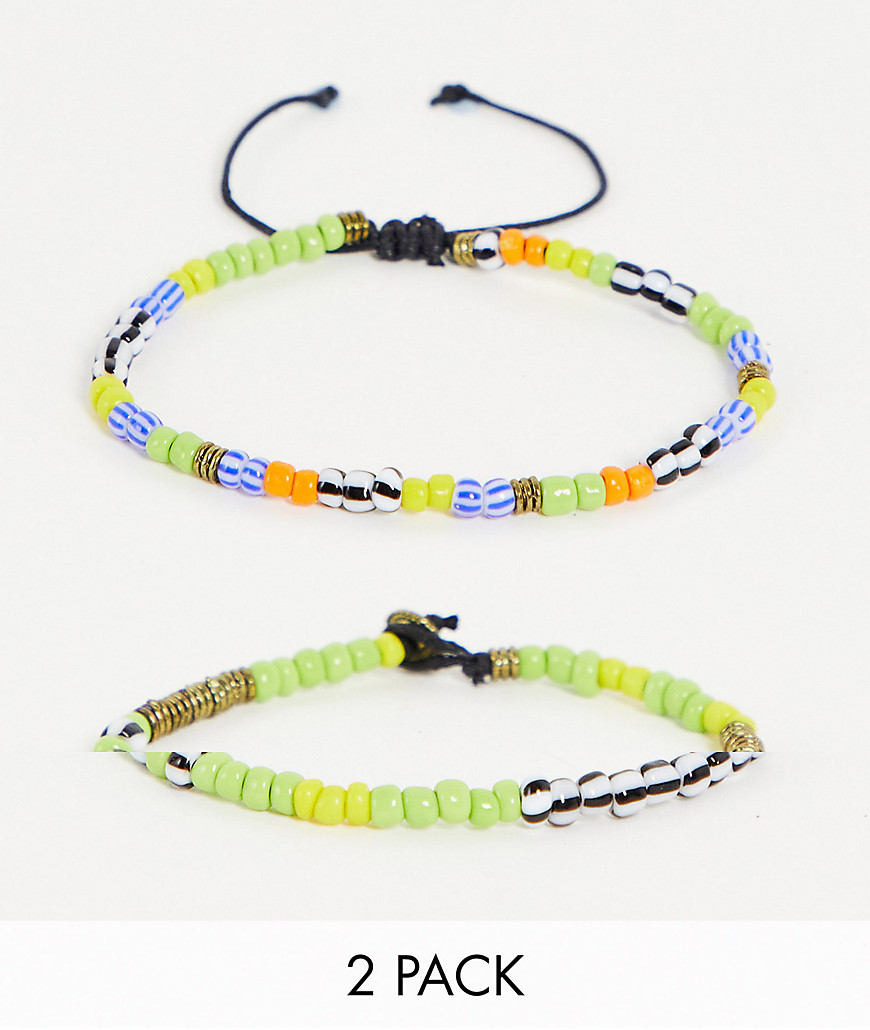 ASOS DESIGN festival 2 pack beaded bracelet set in green multi color