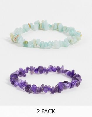 ASOS DESIGN festival 2 pack beaded bracelet set in semi p blue and purple pastels stones