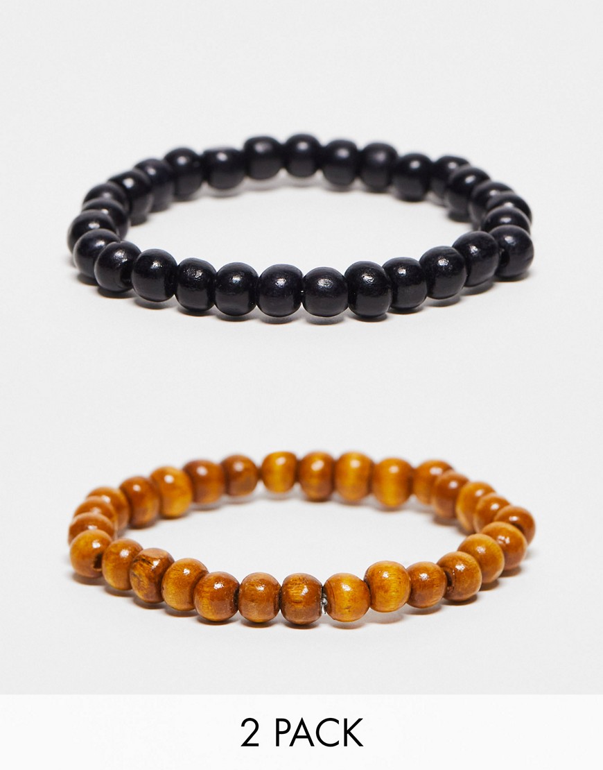 Asos Design Festival 2 Pack Beaded Bracelets In Black And Brown