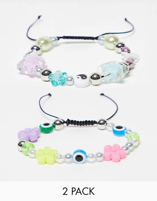 ASOS DESIGN festival 2 pack beaded bracelets with colourful beads and faux pearls  