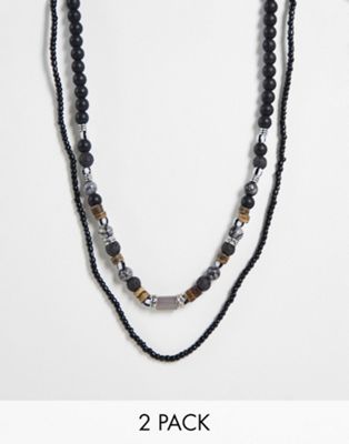 ASOS DESIGN festival 2 pack beaded necklace set with black and brown stones