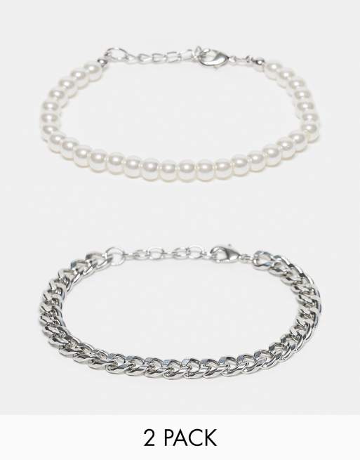 ASOS DESIGN festival 2 pack bracelet set with chain and 6mm faux pearl in silver tone 