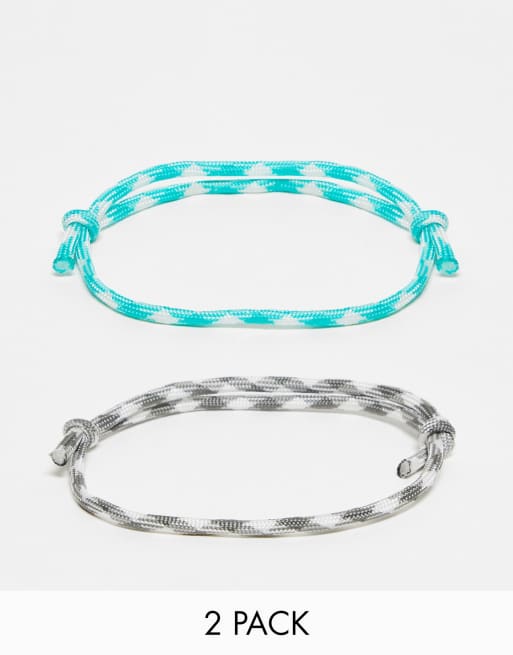 ASOS DESIGN festival 2 pack cord anklet set in grey and turquoise  